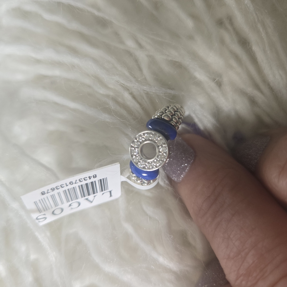 Lagos Blue Caviar Marine Ceramic & Diamond Circle Ring SS Size 7